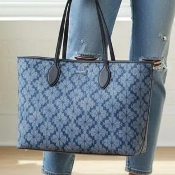 Kate Spade AUTHENTICATED Blue Denim Floral Tote Bag | Large Shopper Bag - Picture 1 of 15